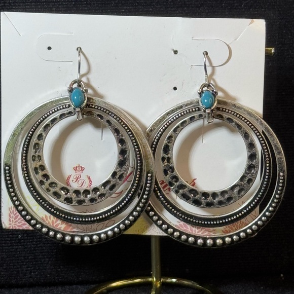 Premier Designs Silver Tone Dangling Triple Hoops With Blue Accents Stone 2.5in - Picture 3 of 9